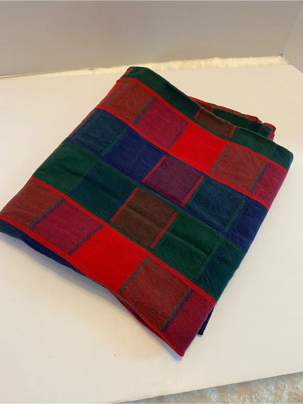 Vintage Tablecloth Bold Checkerboard Plaid 48” X 48’ Square Red Green Blue
